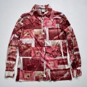 Vtg 70s Sepia 20's Farm Scene Photo Print Shirt  / Sz 38 / Nylon Dagger Disco